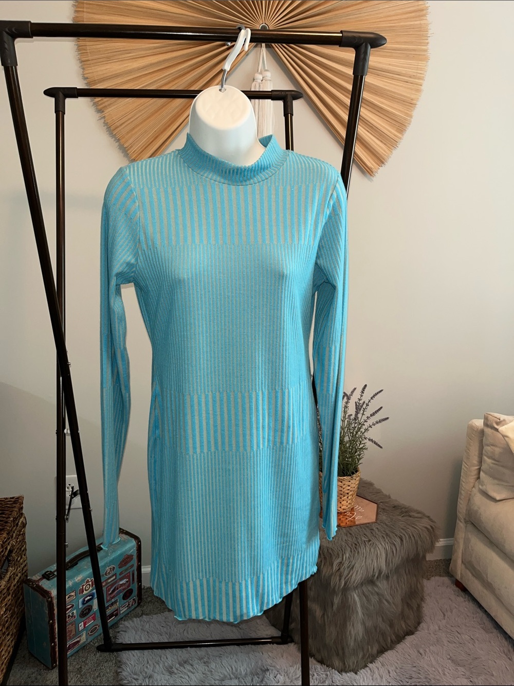 ASOS Sky Blue Ribbed Mock-Neck Mini Dress